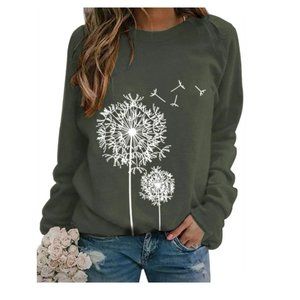 ZXZY Women Crew Neck Long Sleeves Dandelion Printed Pullover Top - L